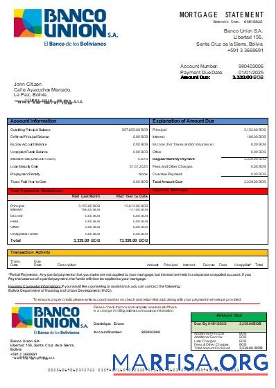 Printable Bolivia Banco Union bank mortgage statement scr download for verification